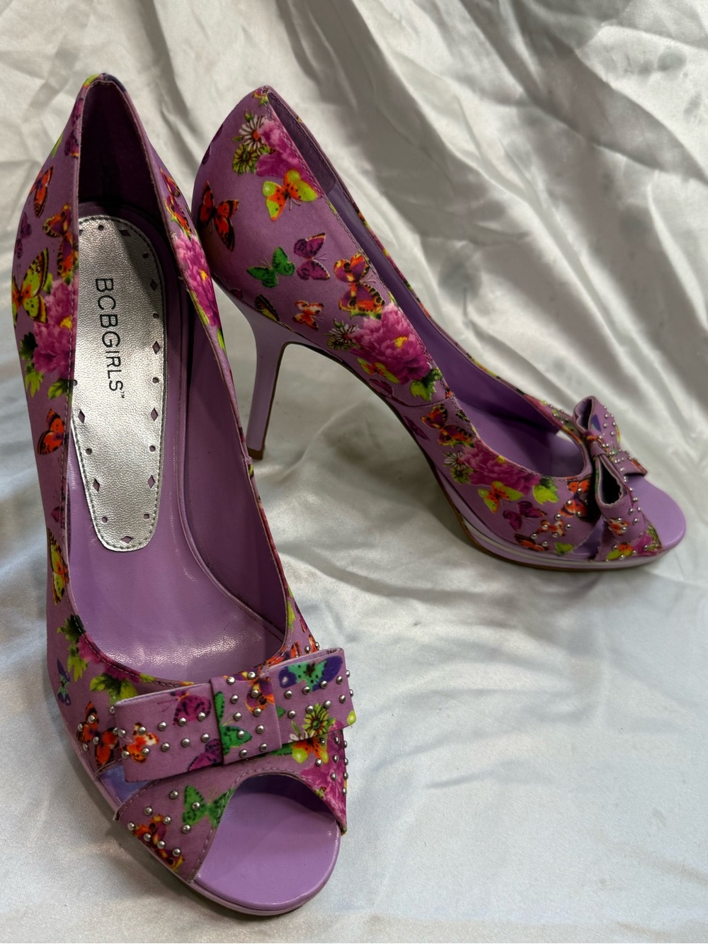 BCBGirls Purple Floral Peep-Toe Heels with Studded Bow - Picture 2 of 7